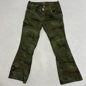 Chor‎ Womens Camo Flare Leg Pants Green Camouflage Mid Rise Size 9 Y2K Grunge
